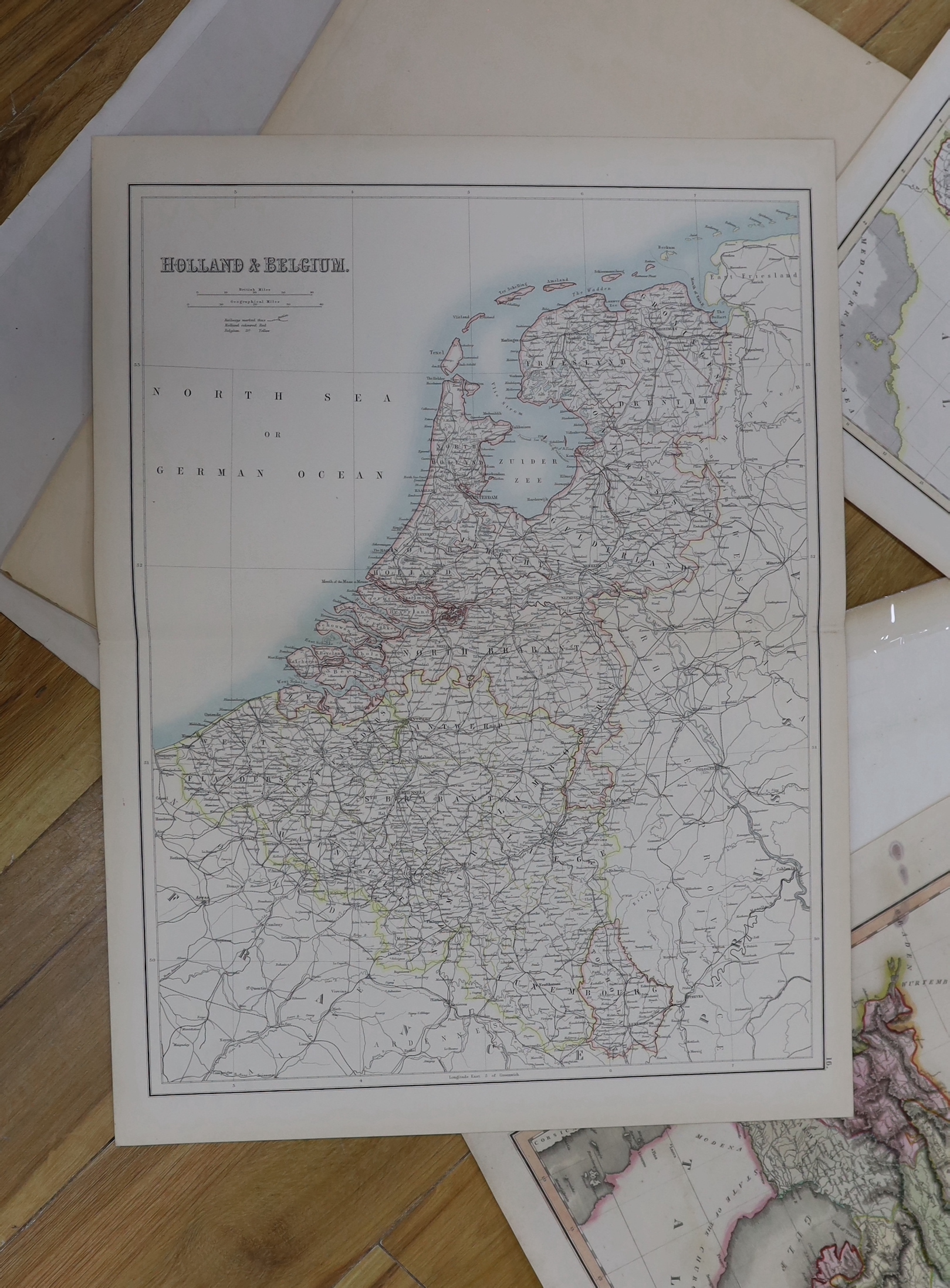 Eight antique unframed maps including Europe and Belgium by A K Johnston, Austrian Dominions, for Thomson’s New General Atlas 1816 and Empire D’Autriche